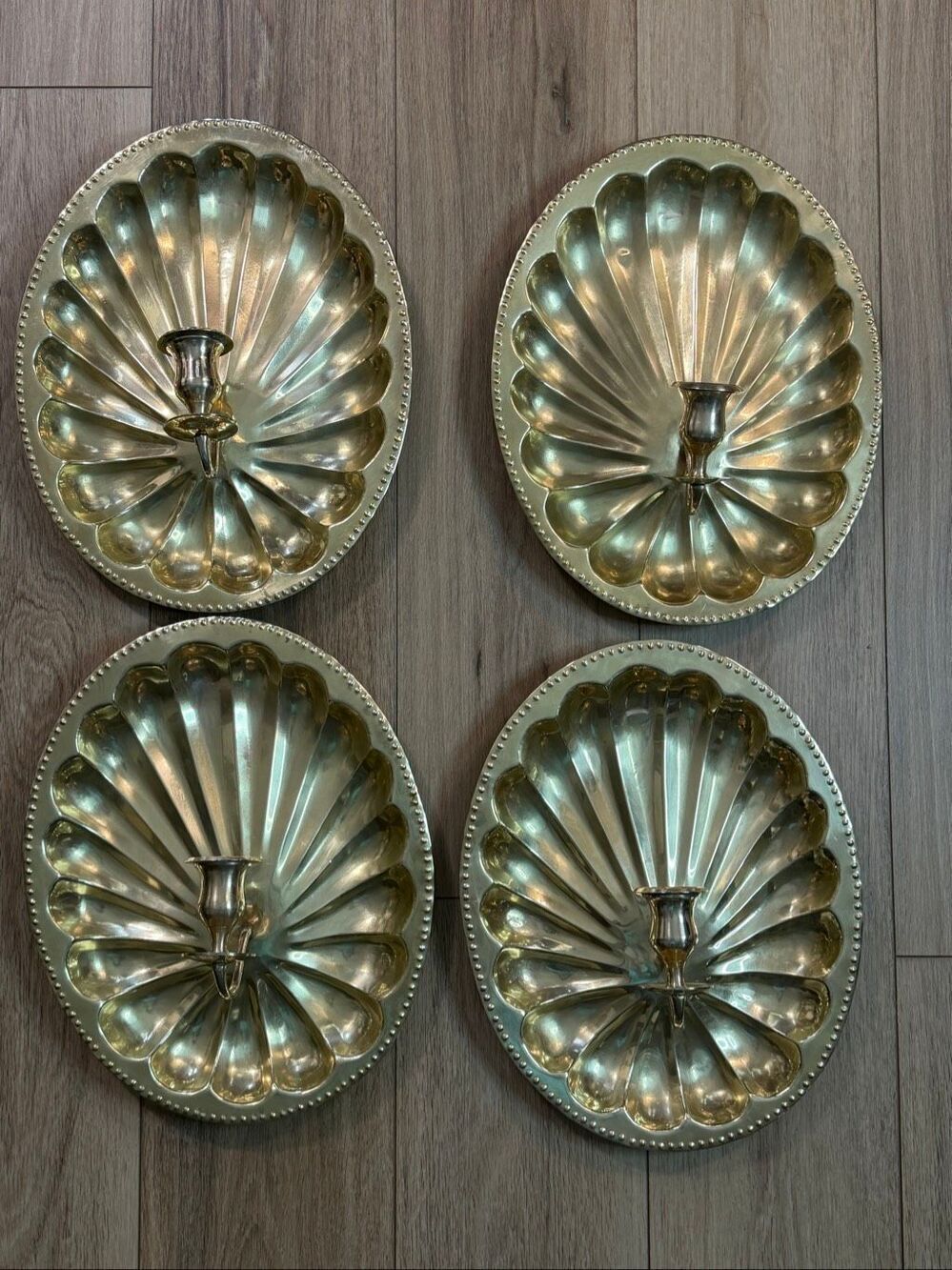 Vintage Brass Shell Shaped Wall Sconce Mid Century Candle Holder Set of 4